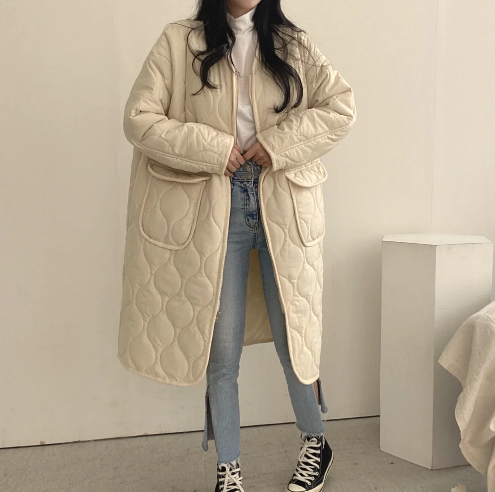 Thickened Diamond Plaid Cotton-padded Coat Women Long Knee-length Loose Parkas Jacket 2024 Winter Female Tops