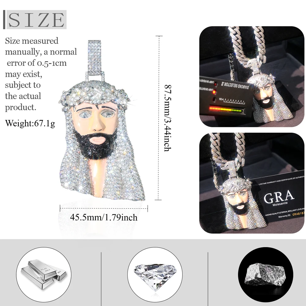 Iced Out Enamel Jesus Face Pendant Fully Paved Cubic Zirconia 18K Gold Plated Cuban Chain Hip Hop Religious Necklace Men Bling Crown Thorns Jesus Head Charm Luxury Rapper Streetwear Fine Jewelry Gifts for Men Boy Friends CZ Covered with Diamonds
