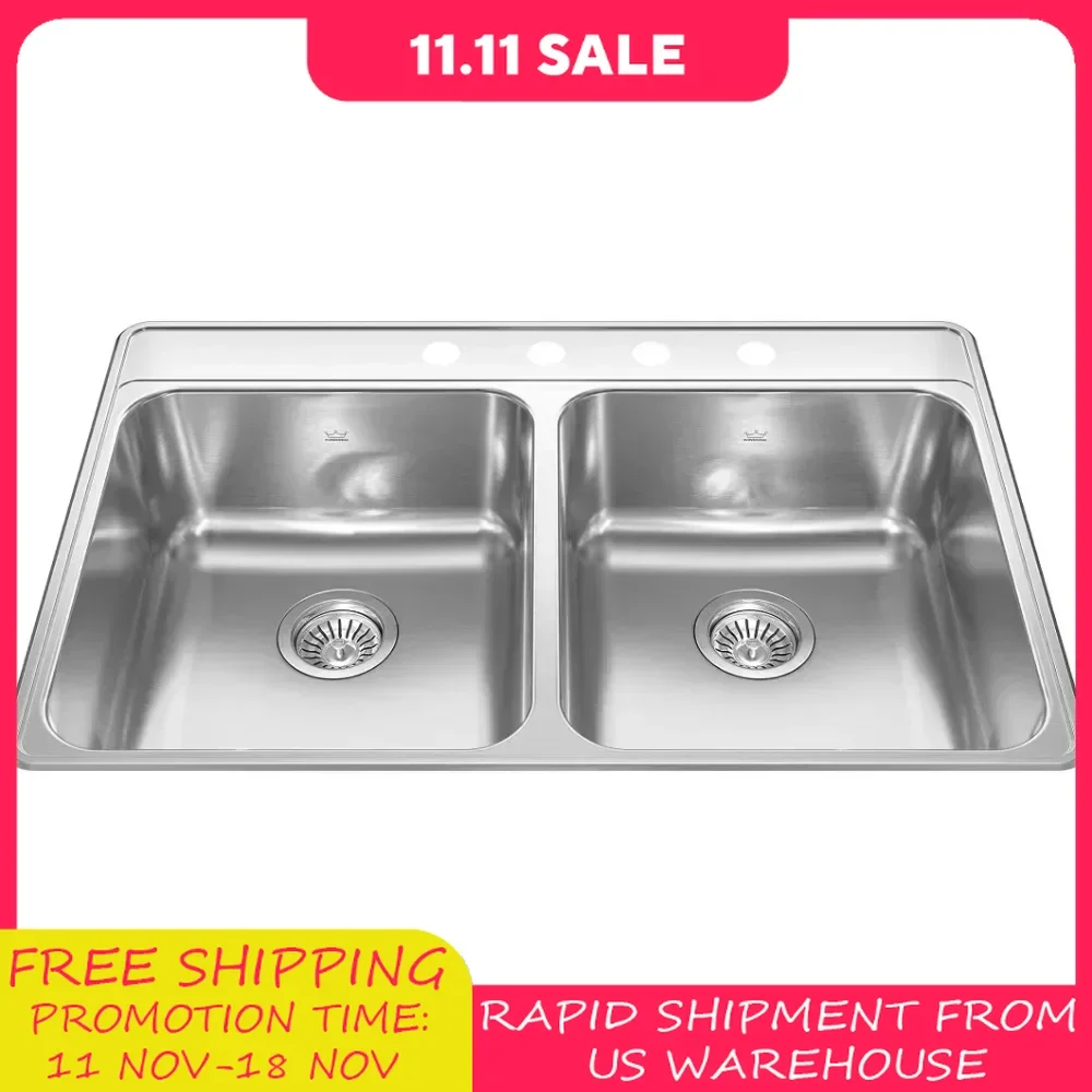 Kindred CDLA3322-8-4CBN Creemore 33-in LR x 22-in FB x 8-in DP Drop In Double Bowl 4-Hole Stainless Steel Kitchen Sink, No Size