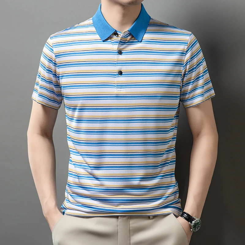 

High Brand Mulberry Silk Polos Summer 2024 Fashion Classic Stripes Soft Thin Shirts Business Male Silk Polo Shirts Short Sleeved