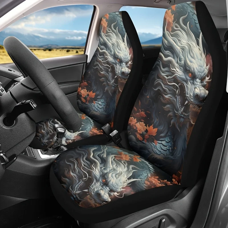 2pcs Fit Car Seat Covers Set With Dragon Design - Heavy-Duty One-Piece, Non-Slip & Stain-Resistant For All-Season Use For Cars,