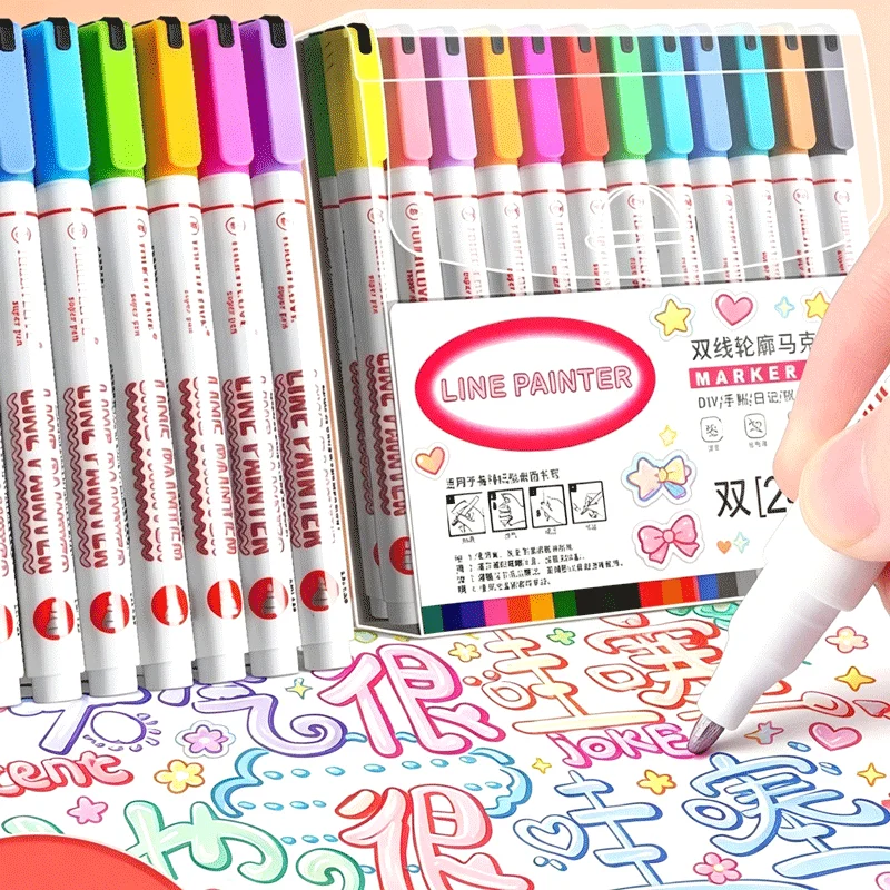 8-30Color Double Line Outline Art Pen Marker Set Pen DIY Graffiti Line Shaped Marker Pen Highlighter Scrapbook Diary Poster Card
