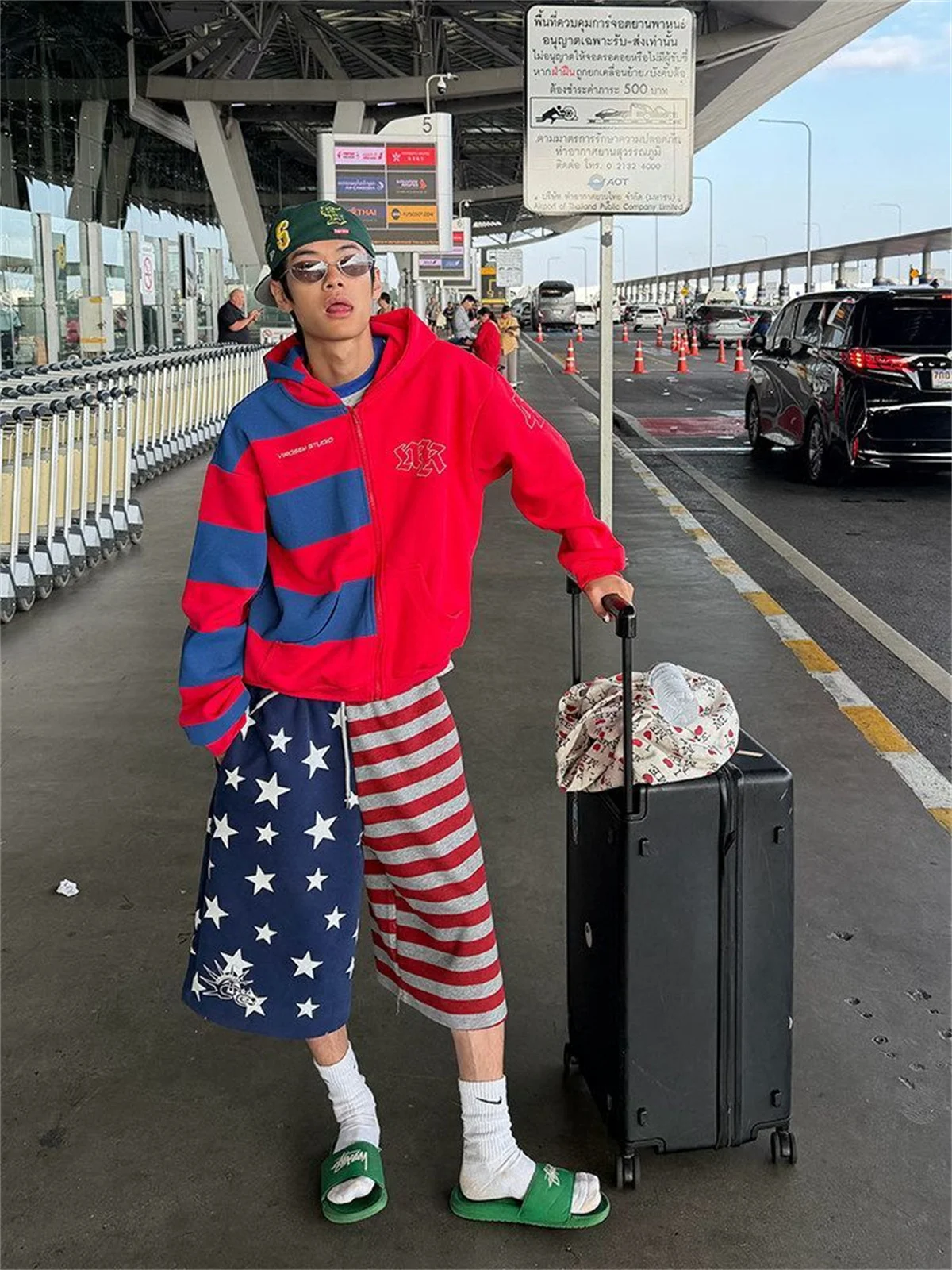 Cool America Print Color Blocked Wide Leg Cropped Pants Summer Street Boy Casual Sweatpants Male High Waist Calf-length Trousers