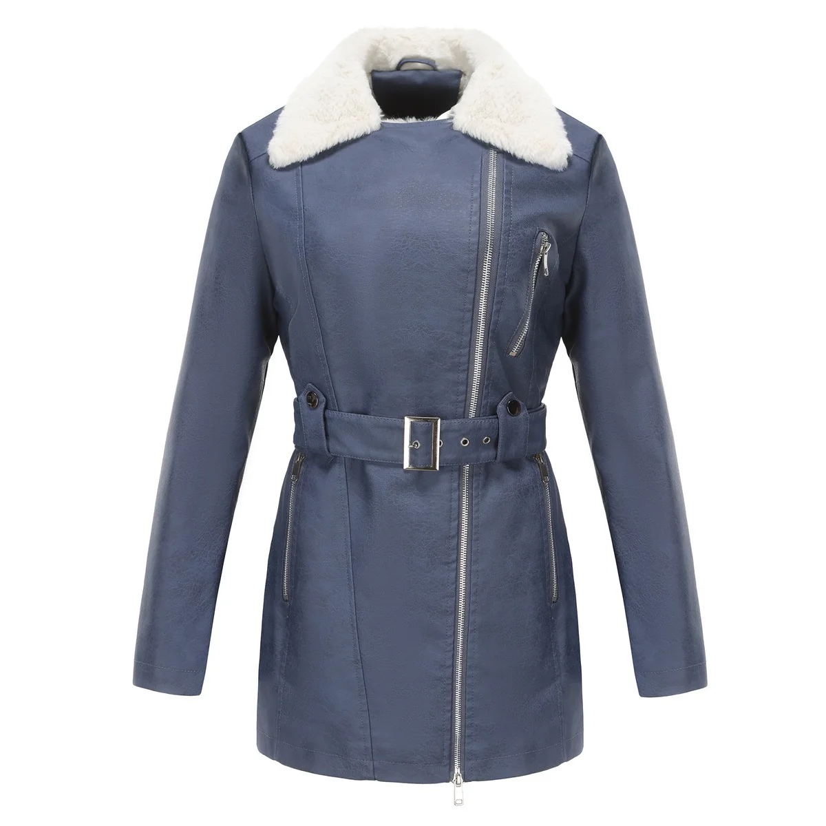 PU Leather Coat Jacket 2023 Women Belt Work Autumn Winter Warm Coats Zipper Pockets Elegant Pockets Korean Coat Black