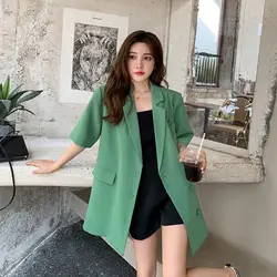 Women`s Short Sleeve Suit Summer Casual Loose Jackets Blazer Oversized Outerwear Overcoat Women Tops Coat Office Lady Wear