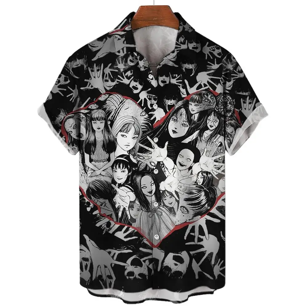 Monochrome Surreal Character Spiral Line Art Pattern Unisex Short Sleeve Blouse Camp Collar Loose Gothic Fashion Shirt