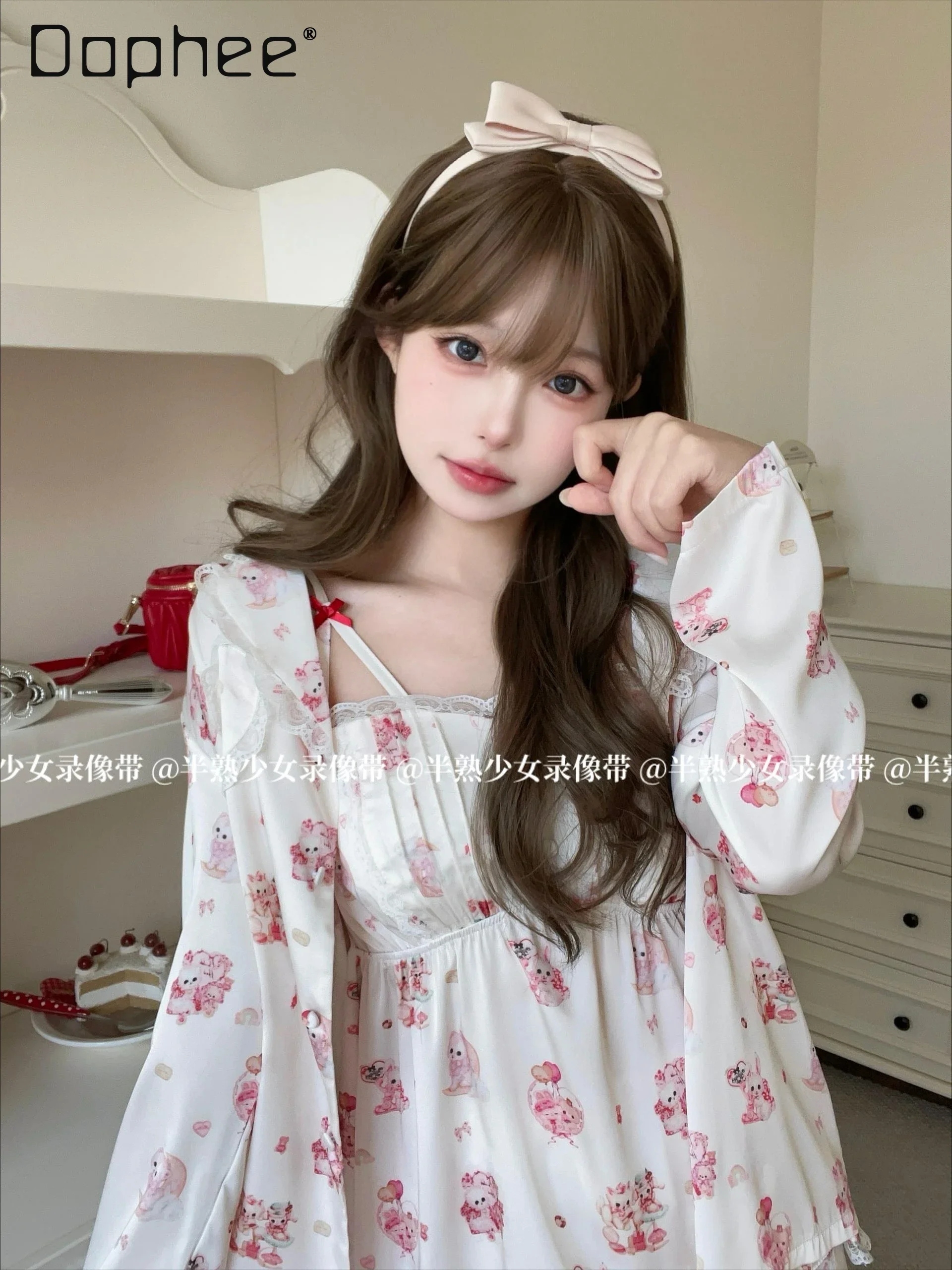 Ice Silk Lace Three Piece Pajama Sets Spring and Autumn Rabbit Print Kawaii Long Sleeve Shirt and Camisole and Pants Sweet