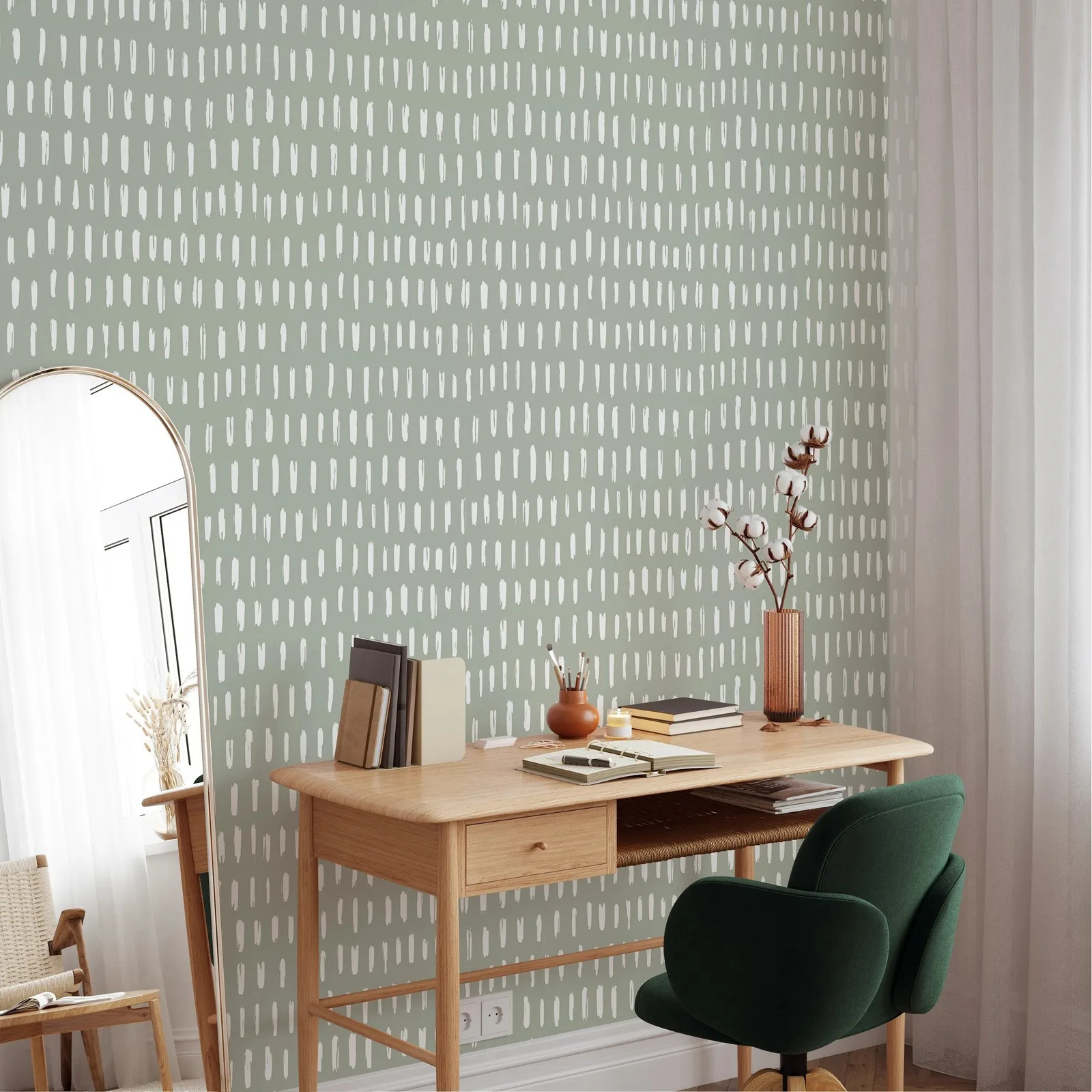 Green & White Strokes Self Adhesive Wallpaper,Peel and Stick Boho Lines Wall Mural Decor,Scandinavian Design Wall Sticker,50*300