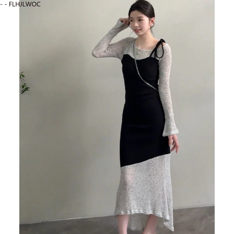 エレガントなフィッシュテールロングドレス 2025年秋新作 ファッション シックなフレンチスリムフィット トランペットスリット入りフェイクツーピース ボウタイ付きTシャツドレス