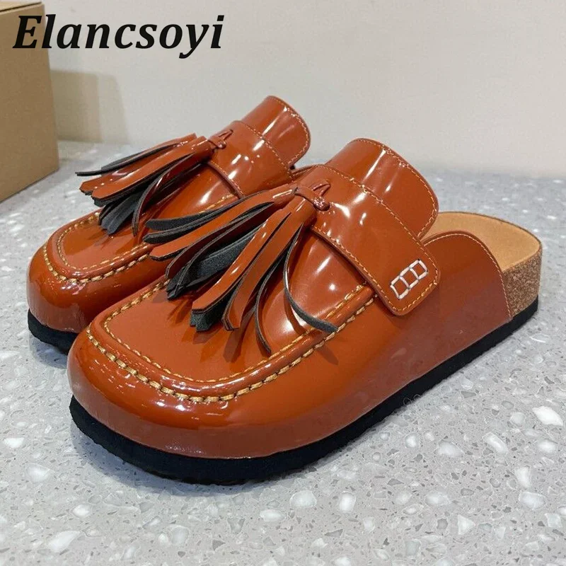 Spring Autumn Genuine Leather Tassel Slippers Women Closed Toe Thick Sole Half Slippers Outdoor Vacation Lazy Mules Shoes Unisex