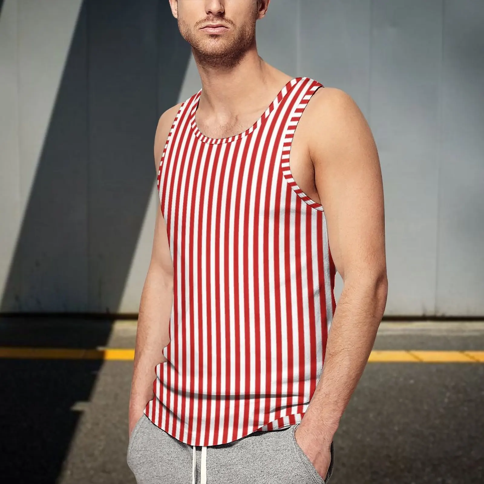 Vertical Red Striped Summer Tank Top White Lines Print Bodybuilding Tops Men Custom Cool Sleeveless Vests 3XL 4XL 5XL