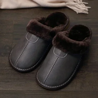 Men Leather Slippers Winter PU Leather Slippers Warm Indoor Slipper Soft Waterproof Home House Shoes Men Warm Leather Slippers