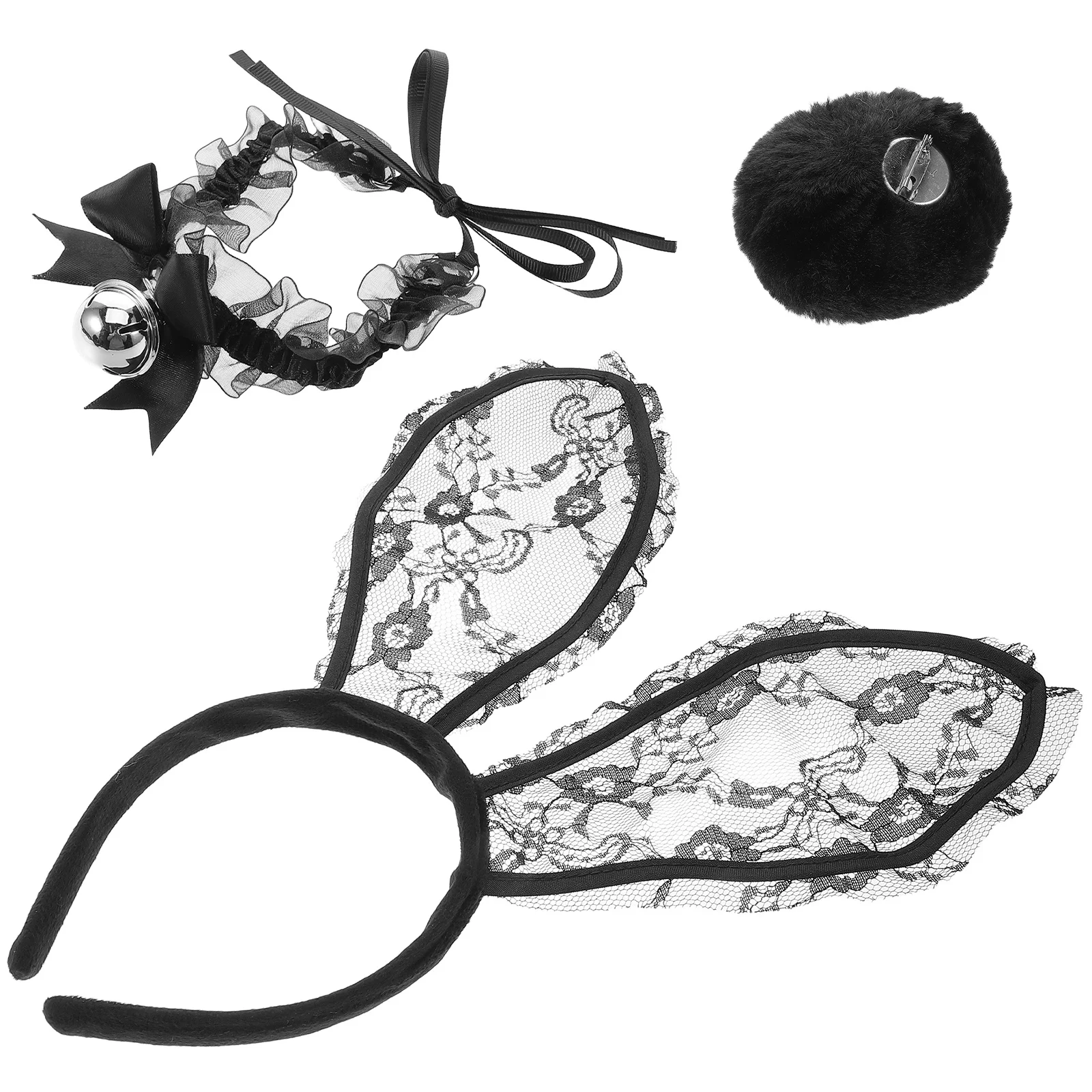 Schwarze Spitze Hasenohren Stirnband Kaninchen Kragen Runder Schwanz Ostern Party Halloween Hasenkostüm Zubehör Frauen Cosplay