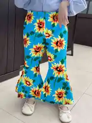 Spring and autumn children girls holiday style casual fashion sunflower print blue flare pants western style pants