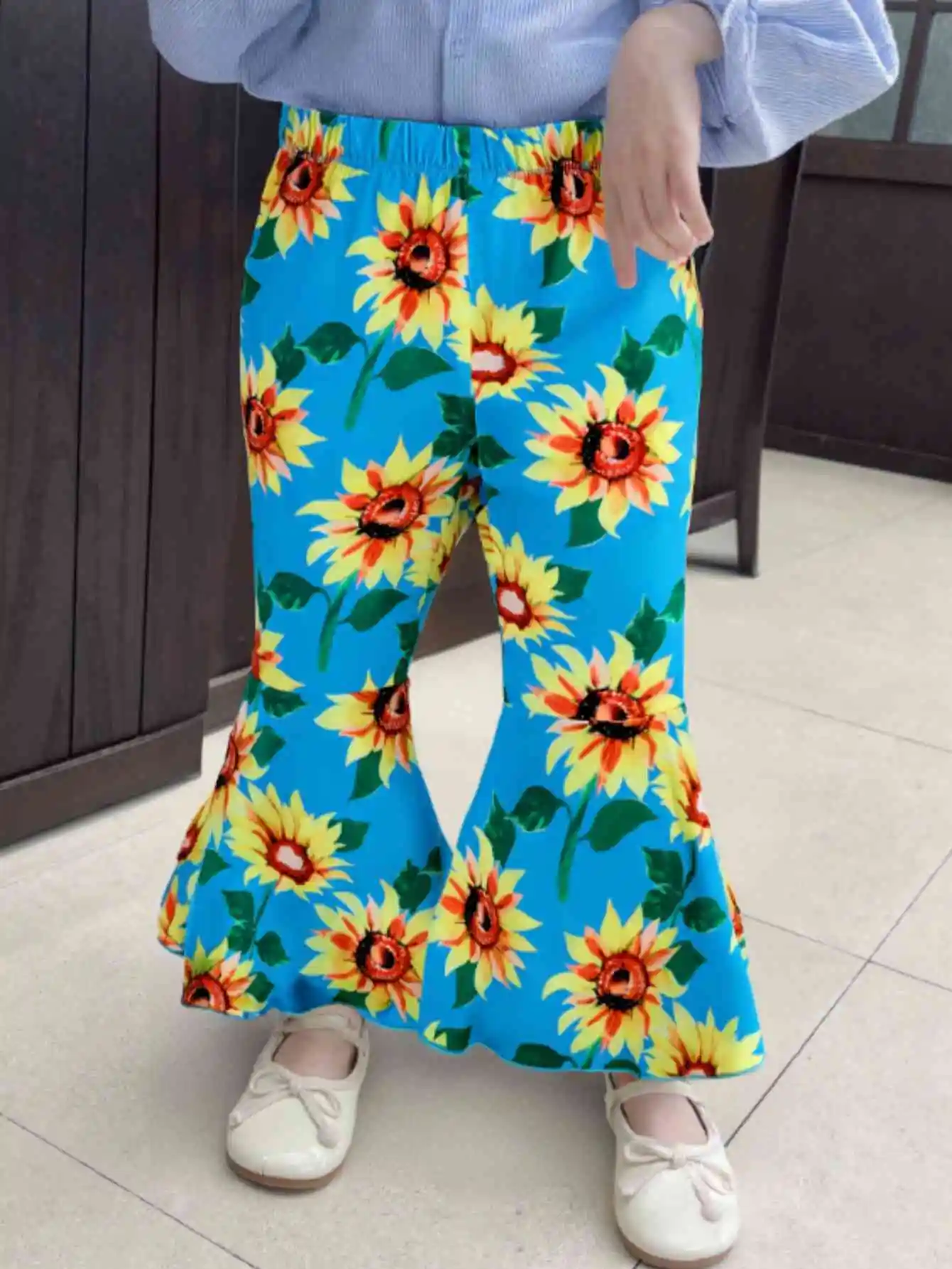 Spring and autumn children girls holiday style casual fashion sunflower print blue flare pants western style pants