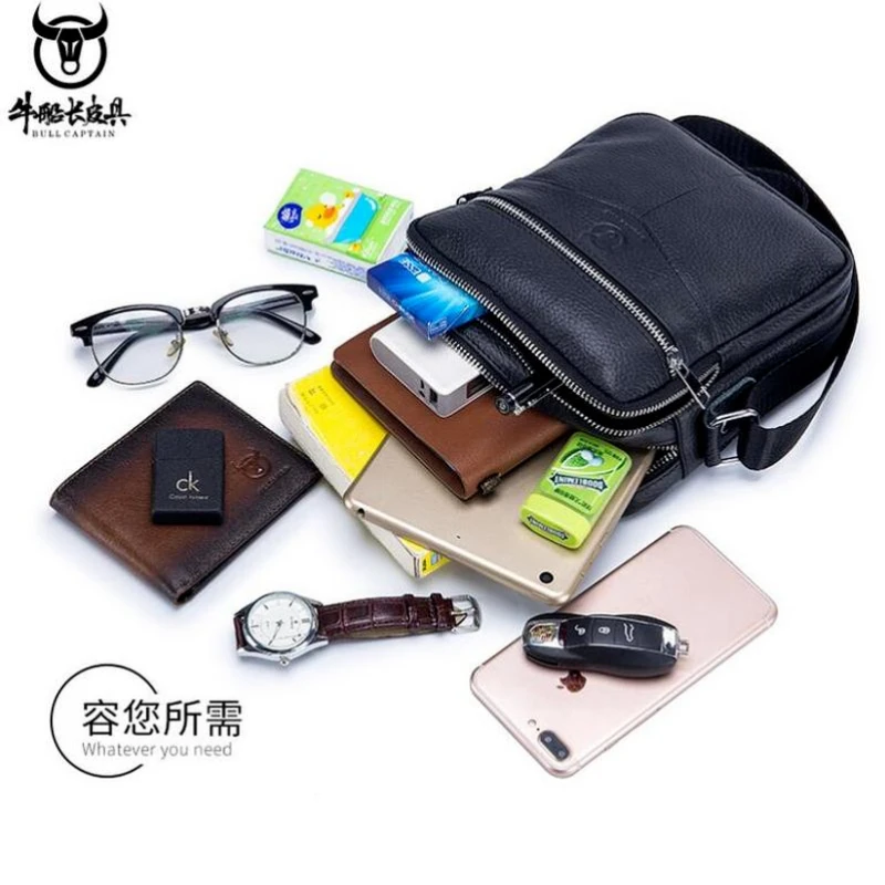 BULLCAPTAIN New 100% Genuine Leather Men Shoulder bag husband causal Crossbody Bags Small Brand double Zipper Messenger Bags