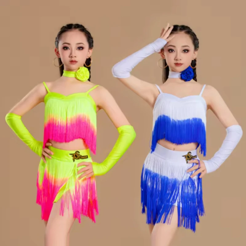 

Детское платье для латинских танцев, синий танцевальный костюм для самбы с длинными рукавами, танцевальная одежда для ча-ча, танцевальная одежда, комплект с юбкой с кисточками для девочек
