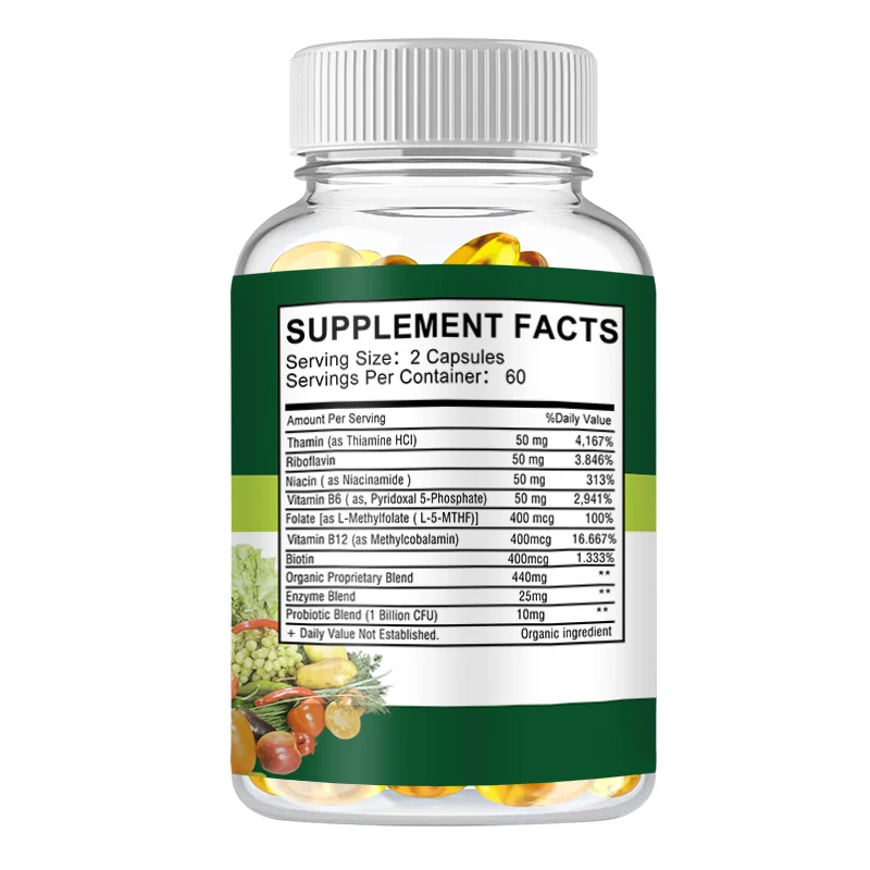 Whole Food B-Complex Capsules - Energy, Nervous System Health, Stress Relief, Immune Support