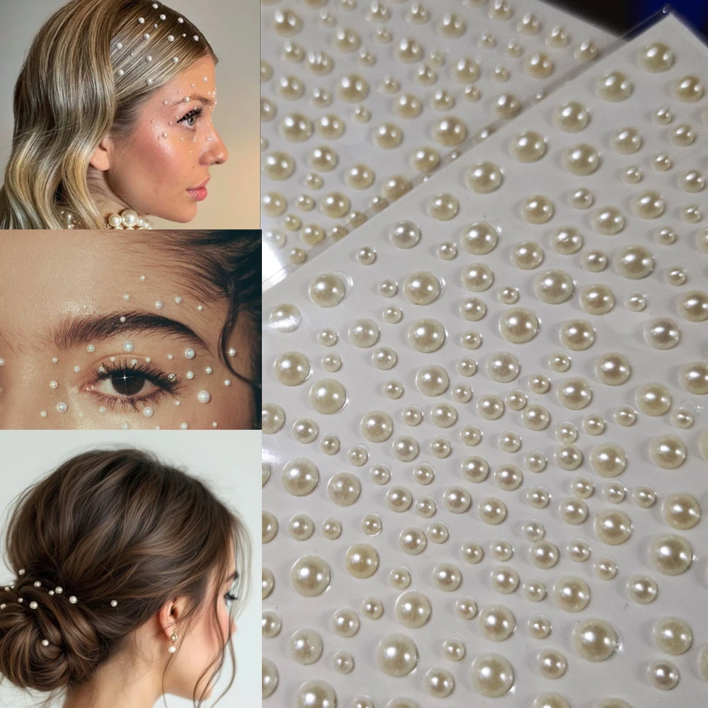 

1/2/4pc 3D Half Round White Pearls Rhinestone Face Stickers Wedding Facial/Hair Makeup Pearl Decorations Adhesive Pearl Body Dec
