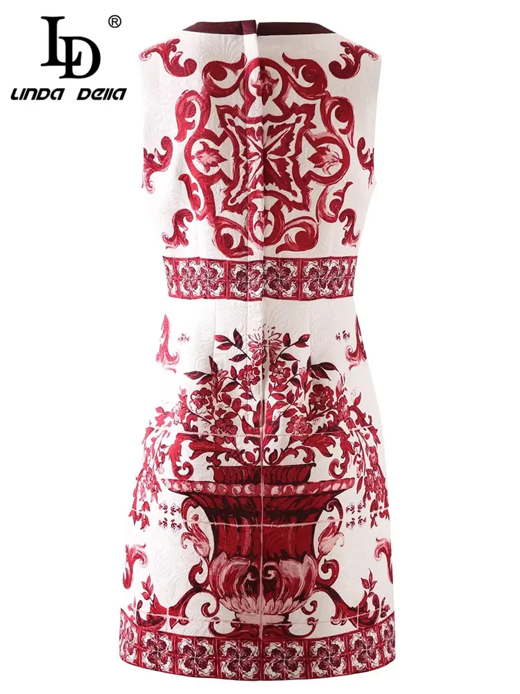 LD LINDA DELLA Summer Fashion Runway Vintage Saffron Porcelain Dress Women's Print Sleeveless Beach Mini Dress