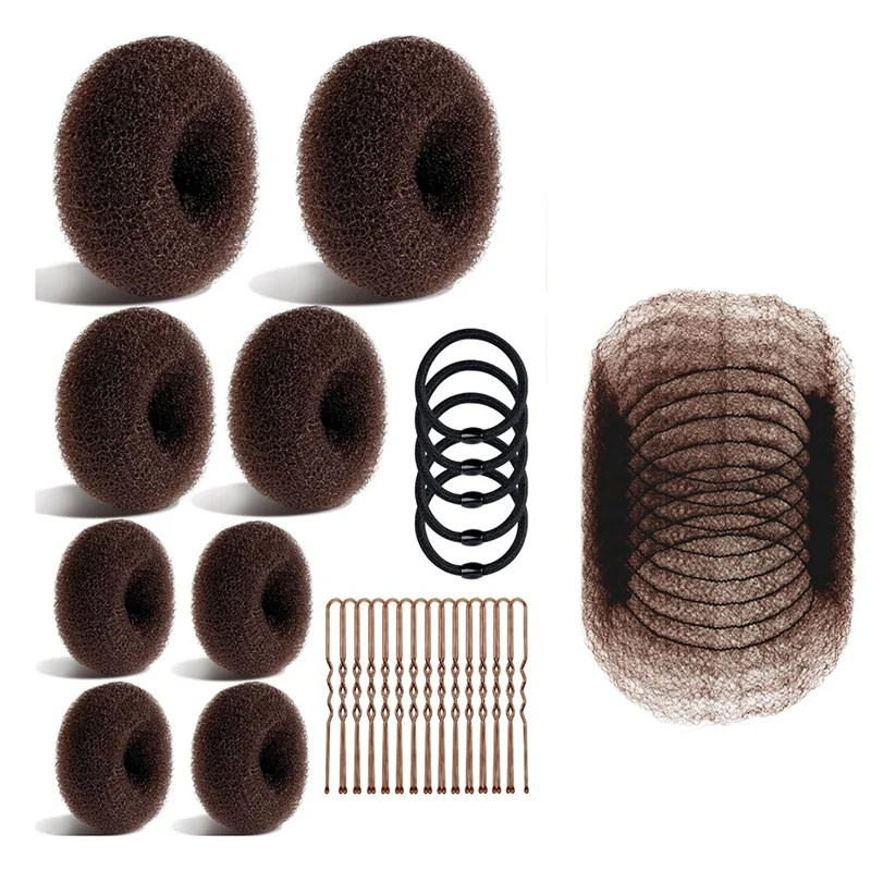 

A02V-Bun Maker And Hair Nets Set,With 8 Bun Makers For Women, 10 Brown Invisibility Nets,5 Elastic Bands And 40 U Pins