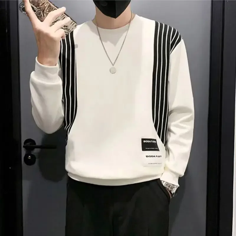 

Fashionable round neck patchwork loose printed striped T-shirt for men, 2024 spring new item, oversized casual pullover, Korean