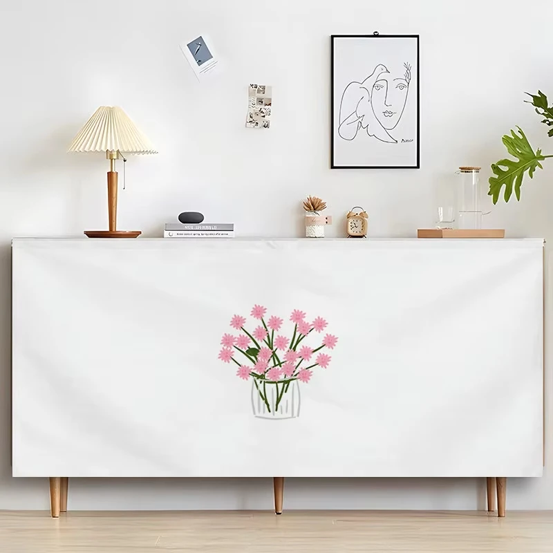 VIKAMA Hook-and-Loop Cupboard Cover Curtain White Pink Daisy Print No-Drill Short Curtain for Kitchen Sideboard Home Decor