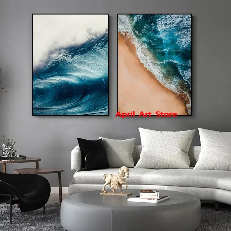 Modern Ocean Water Photography Poster Sea Beach Blue Waves Nature Canvas Printing Coastal Wall Art Picture for Room Home Decor