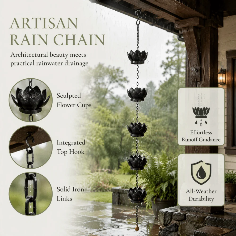 Stylish Iron Rain Chain Black Flower Cup Gutter Rain Chain Linked Chain 153cm Length Downspout Rain Chain For Gardens
