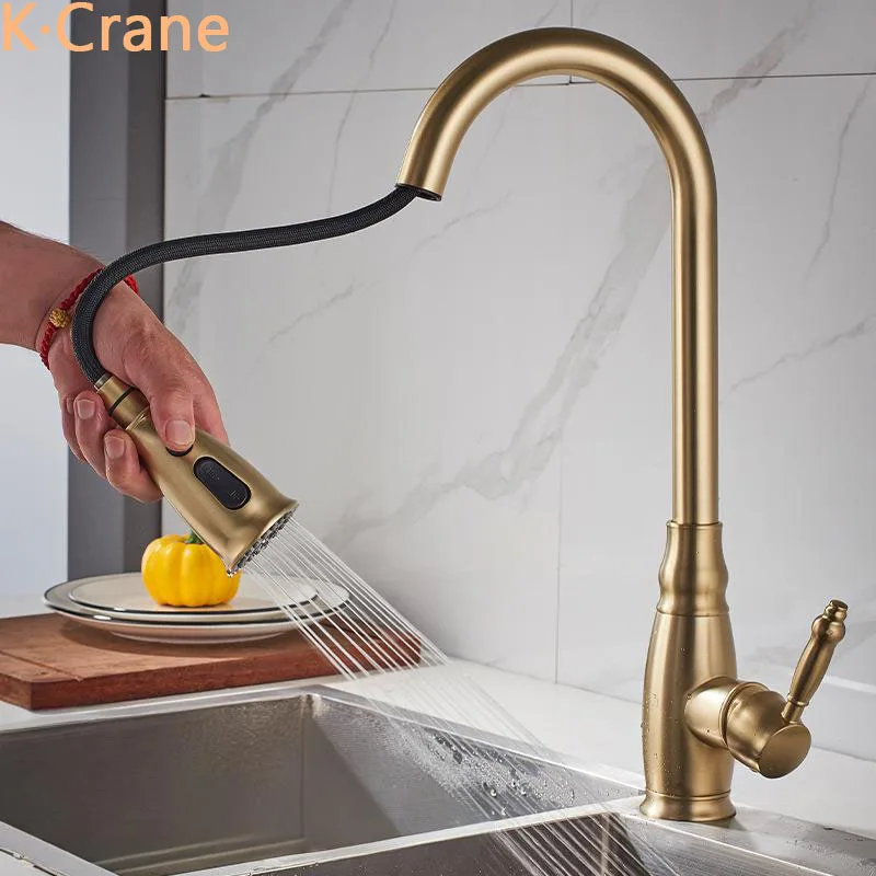 Kitchen Pull Out Down Faucet Deck Mount Brush Gold Copper Tap Modern Luxury 360 Degree Rotation Swivel Crane Chrome Faucets Tap