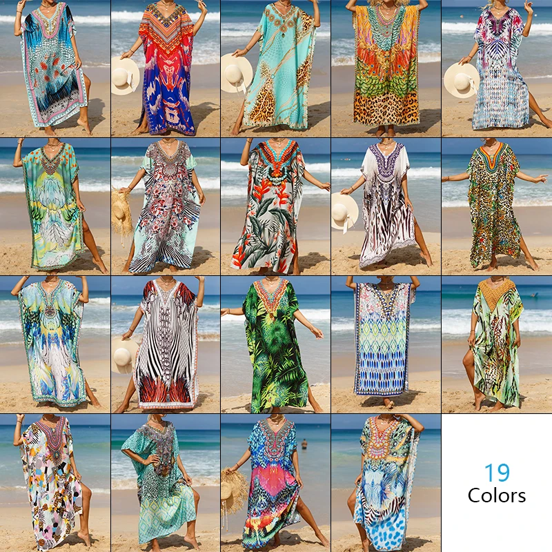 Women Sexy V-Neck Beach Dress Side Split Tunic Sarong Swimwear Kaftan Robe Sundress Color Bikini Cover Up Oversized Maxi Dress