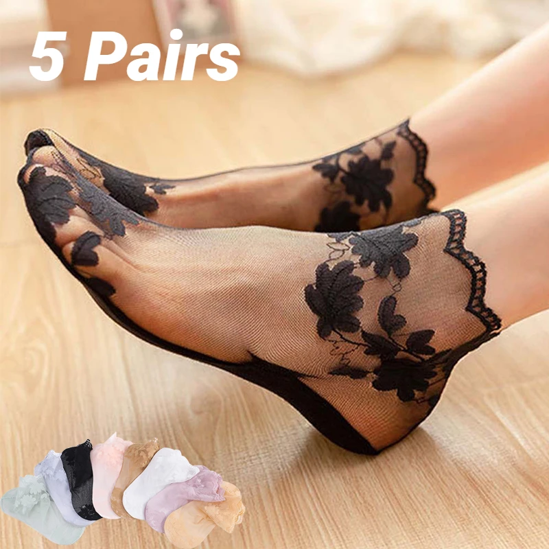 5 Pairs Lot Socks Women's Lace Transparent Lolita Invisible Summer Thin Non-Slip Short Ankle Black Low Cut Boat Sock Women