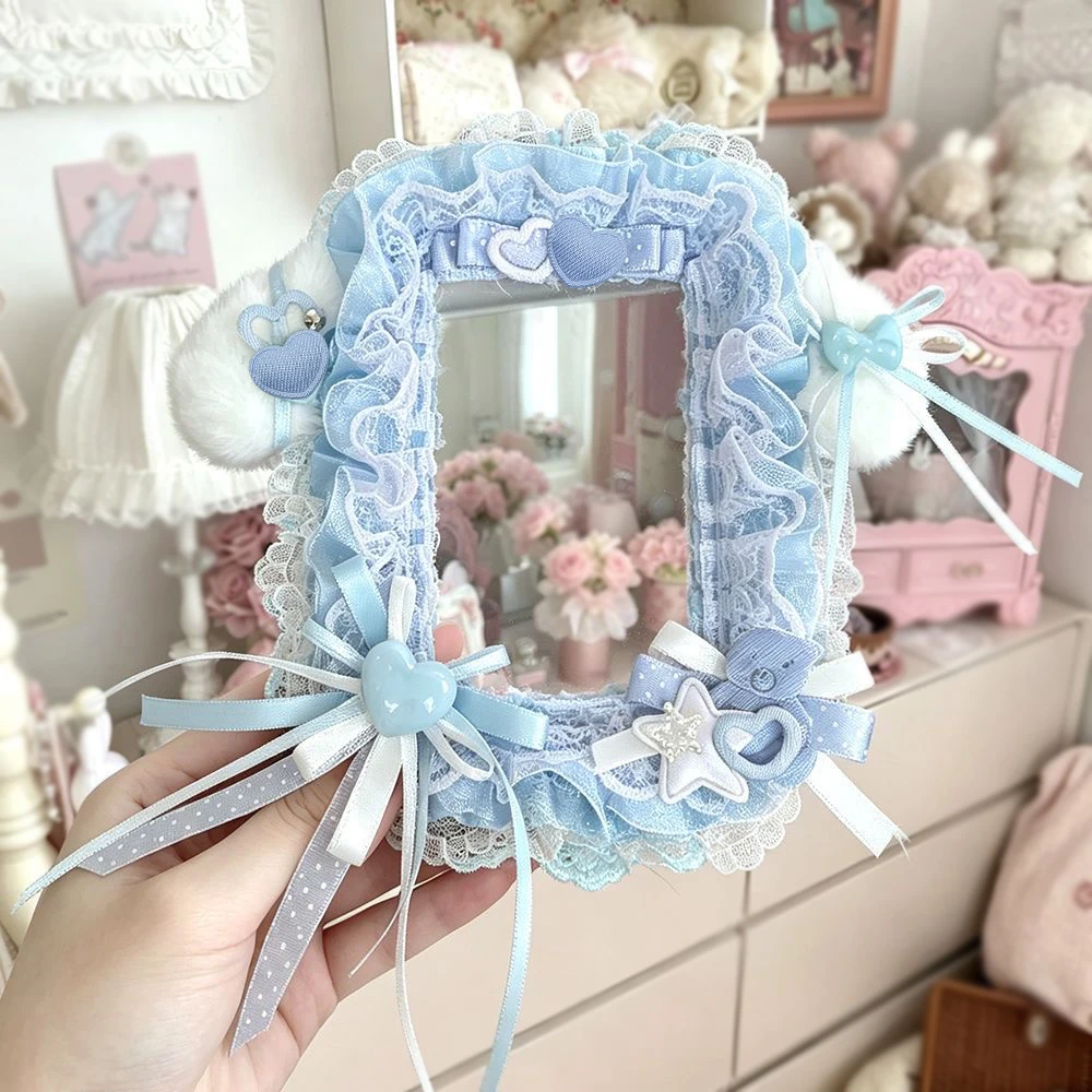Handmade Square Lace Ruffled Photocard Holder with Plush Ear,Satin Bow,Heart Star Bear Decor,3 Inch Clear PVC Sleeve for Idol Card,Anime Card,3‑inch Photo,Collectible Card Protective Display Shell,Fandom Decorative Pho