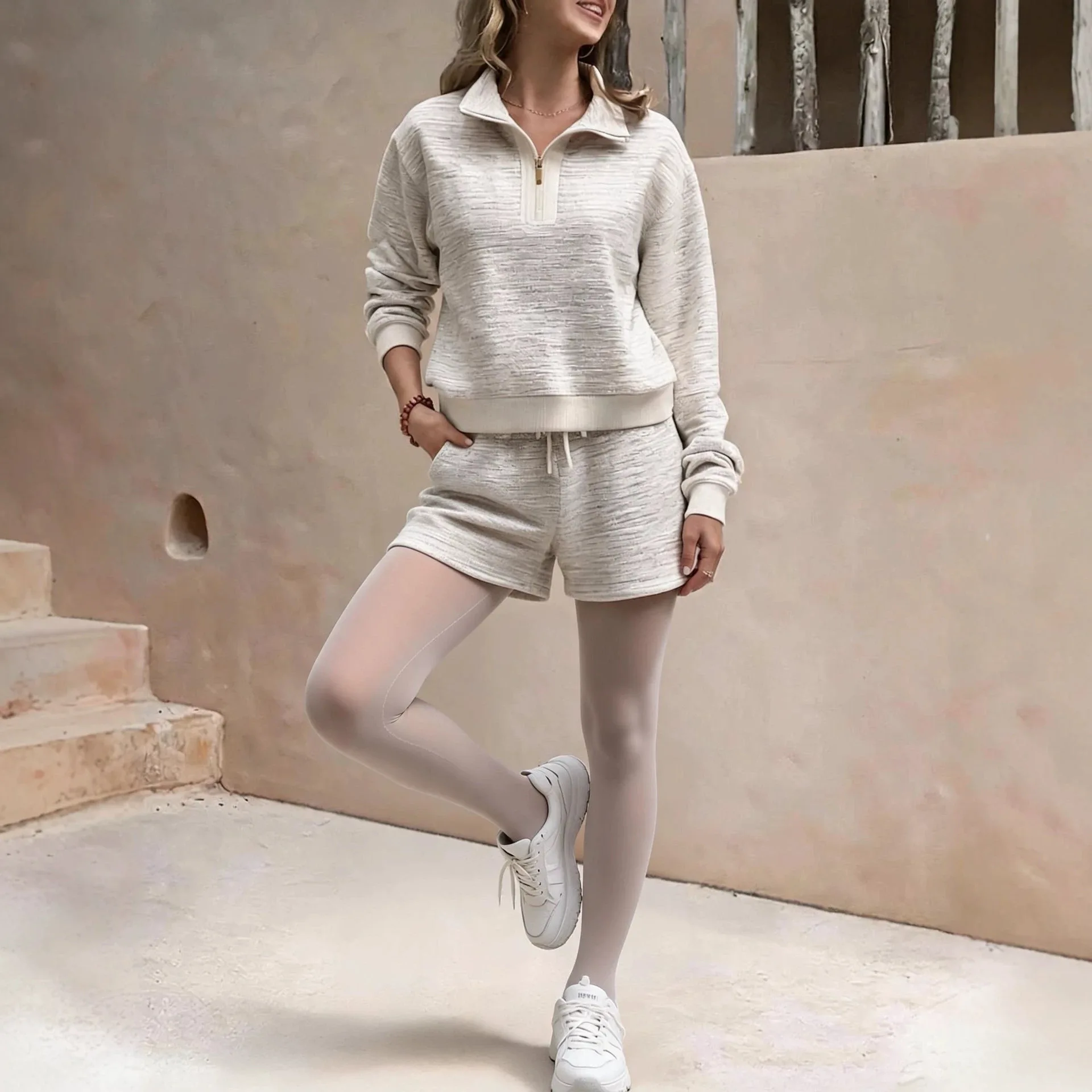 Two Piece Short Set For Women Half Zip Stand Collar Long Sleeve Fleece Lined Top And Shorts Loose Fit Autumn Suit