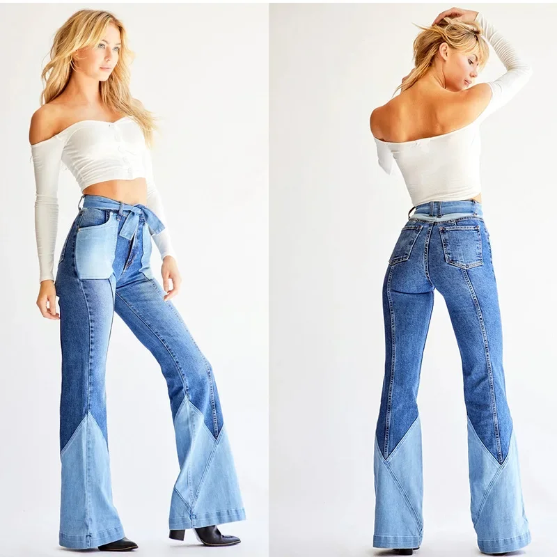 Women's Fashion Retro Casual Jeans Two-color Stitching Belt Multi-pocket Design New High Waist Beautiful Denim Flared Long Pants