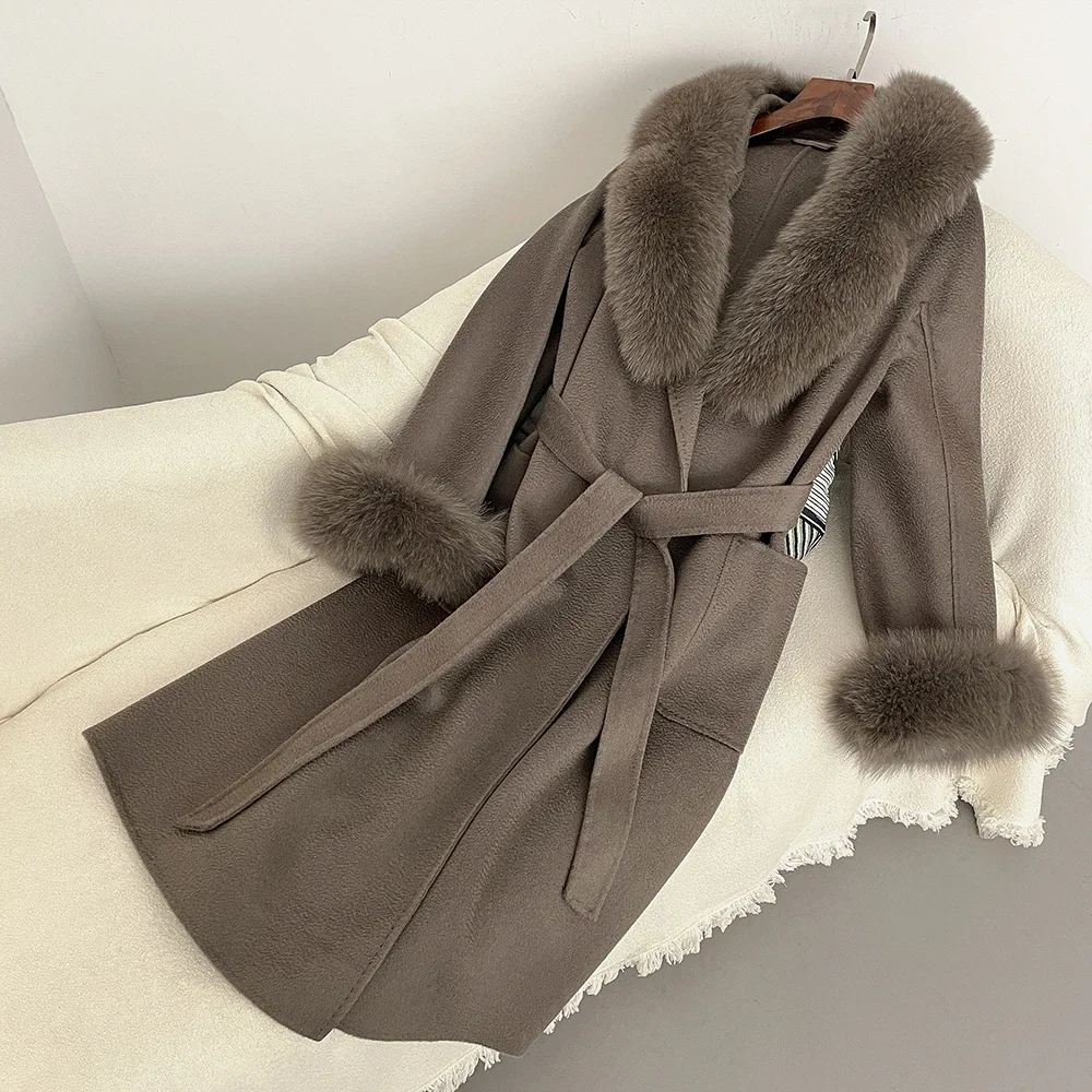 2024 lange Pelzmantel Damen Wolle Mantel Woolen Natürliche Echt Fox Pelz Kragen Winter Jacke Frauen Gürtel Warme Oberbekleidung Streetwear