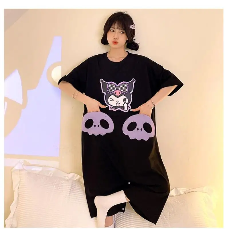 Sanrios لطيف منامة Kuromi الصيف Kawaii ثوب النوم نمط جديد طالب موضة رقيقة فضفاضة الراحة ملابس المنزل الكرتون عادية