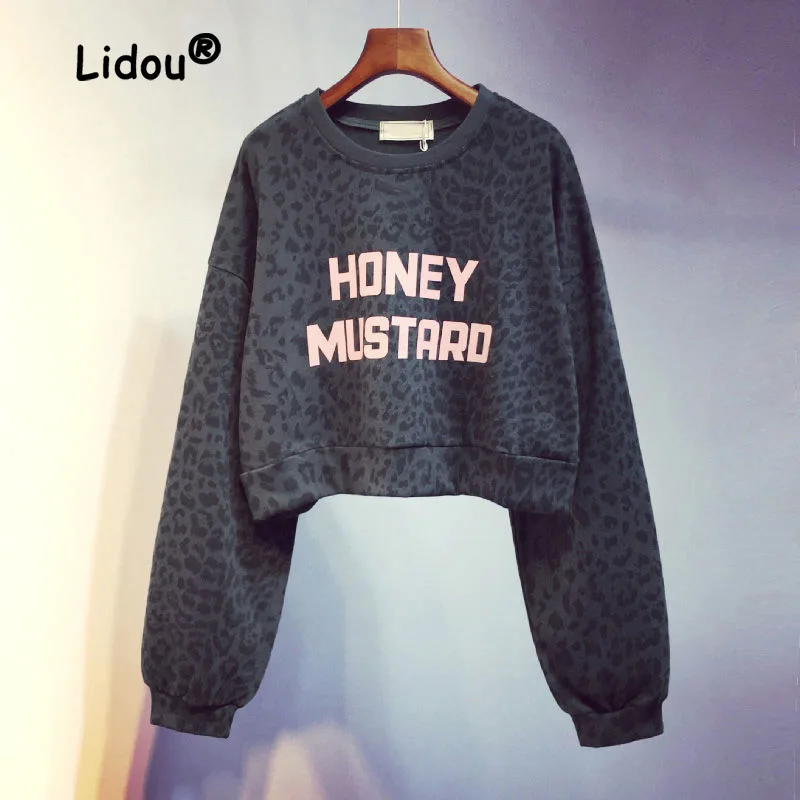 

New Harajuku Leopard Print Printing Letter Sweatshirts Women Classic Long Sleeve Loose Short Korean O-collar Pullover Top 2023