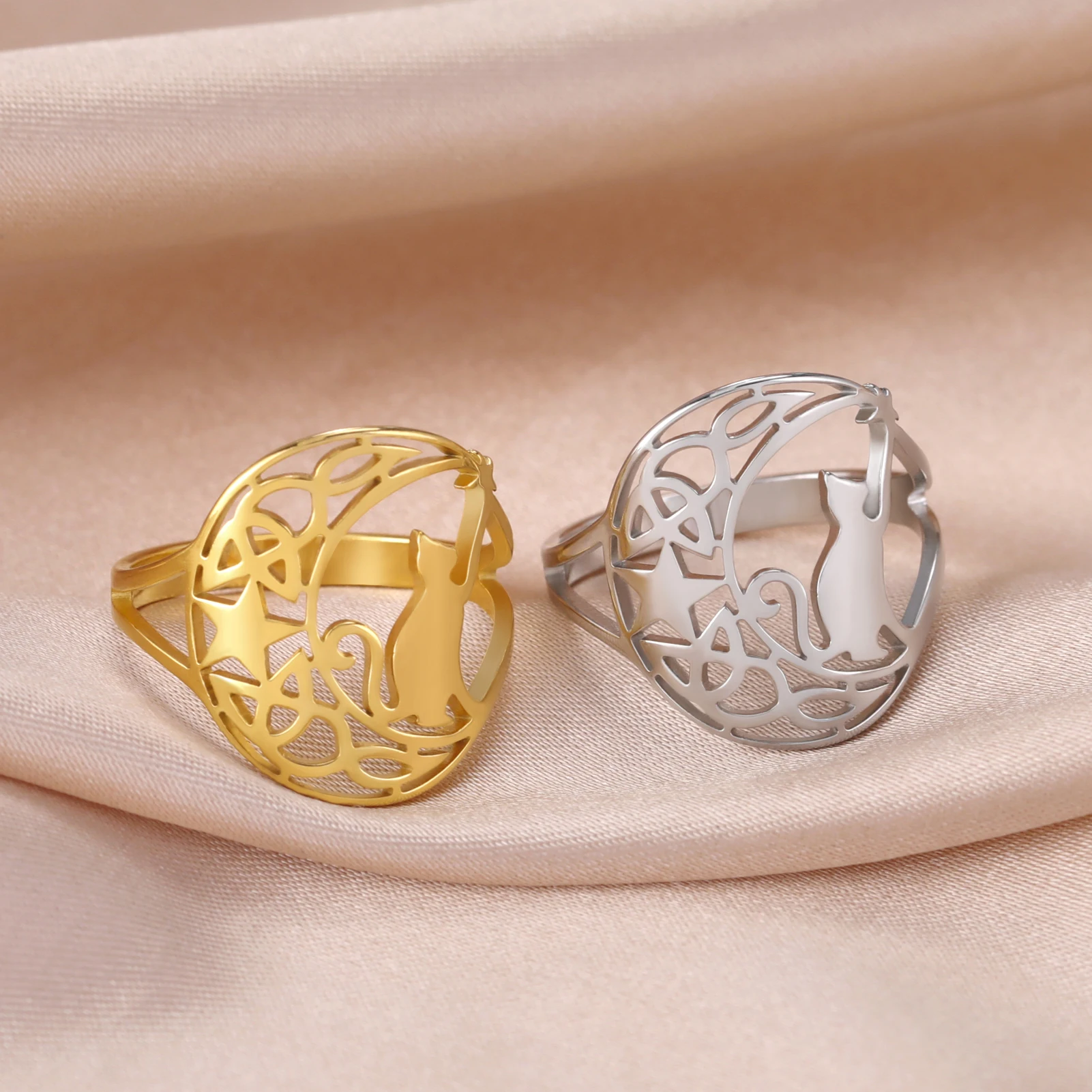 LIKGREAT Cat Celtics Knot Ring Picks Star Stainless Steel Rings for Women Men Good Luck Protection Amulet Gift