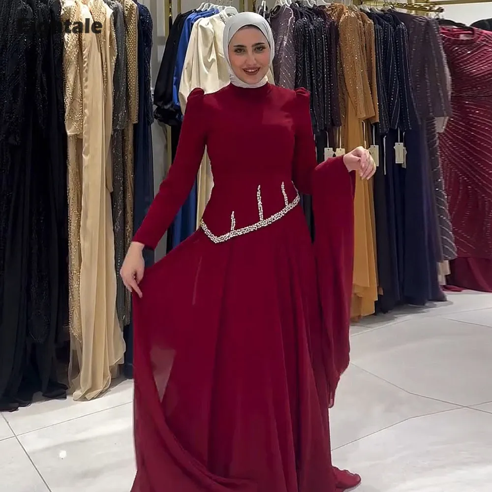 

Eightale Arabic Evening Dress O-Neck Beaded Prom Gown Customized Burgundy Floor Length Muslim A-Line Wedding Party Dress