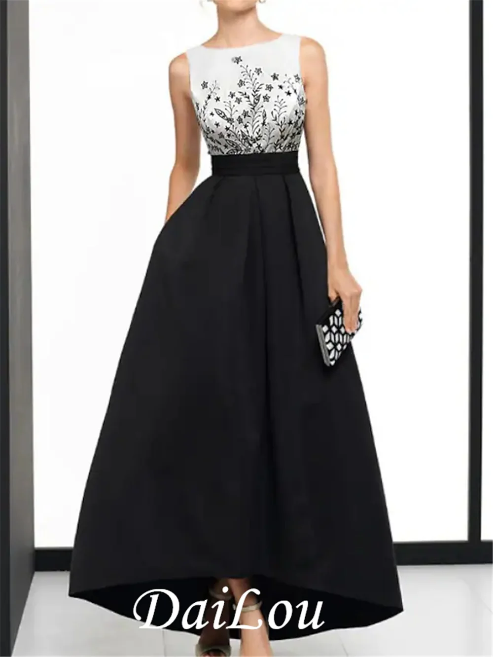 A-Line Beautiful Back Elegant Wedding Guest Formal Evening Dress Boat Neck Sleeveless Asymmetrical Satin with Appliques