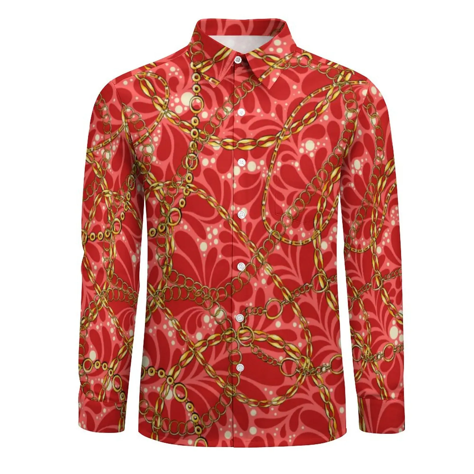 Gold Chain Print Casual Shirt Men Red Floral Korean Fashion Shirt Autumn Vintage Blouses Long Sleeve Custom Oversized Clothing