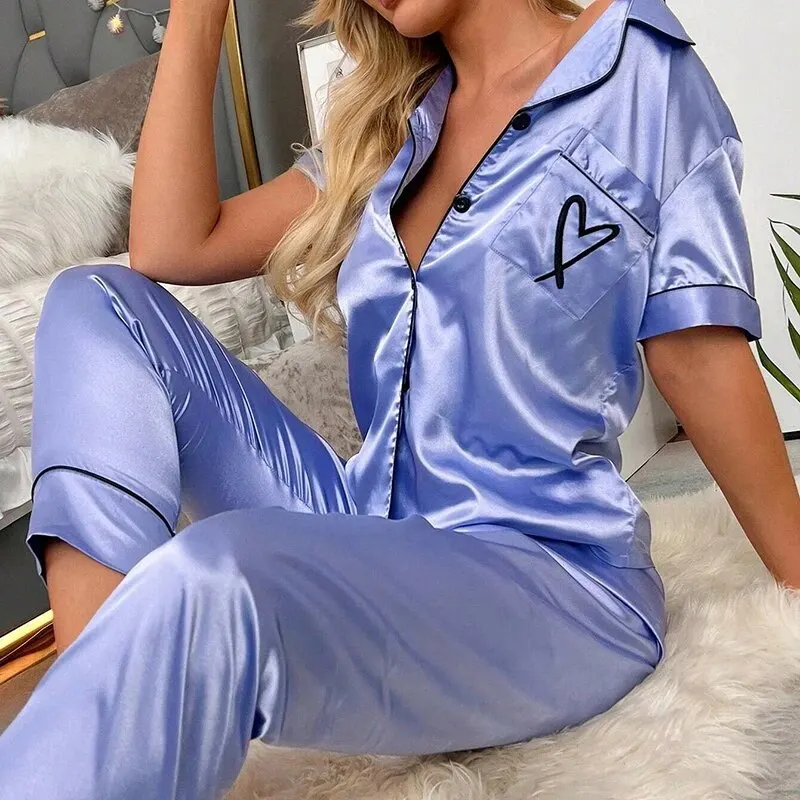 Women\'s Pajama Pocket Heart Embroidered Pajama Set Satin Comfortable Short Sleeve Button Pajama Lounge Pant For Women Sleepwear