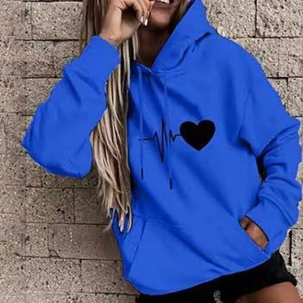 Heart Print Women Hoodie Drawstring Pullover Spring Hoodies Young Style Long Sleeve Lazy Style Loose Hooded Loose Sweatshirt