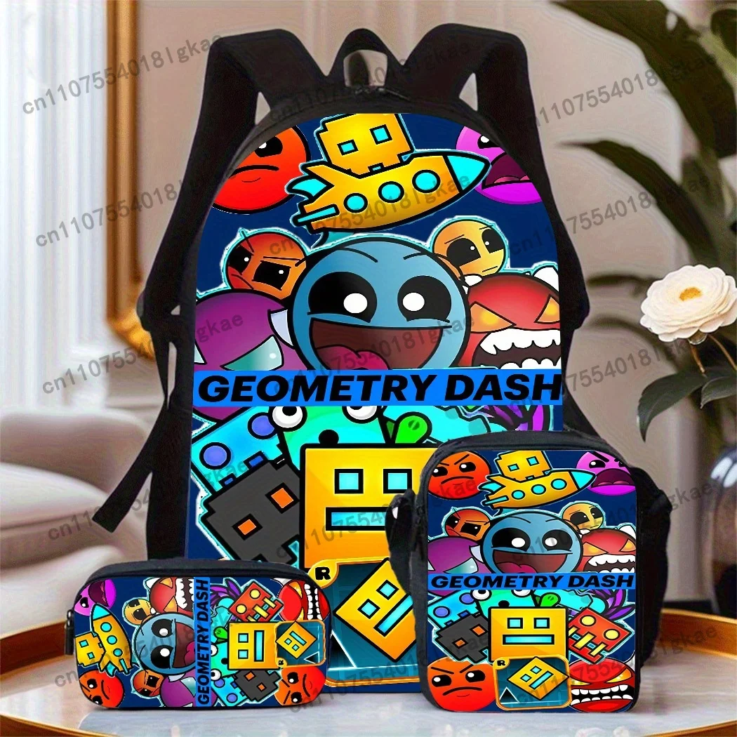3pcs Geometry Dash World Themed Backpack with Appliqu & Print - Lightweight & Travel Suitable for &, Adjustable Straps & Laptop
