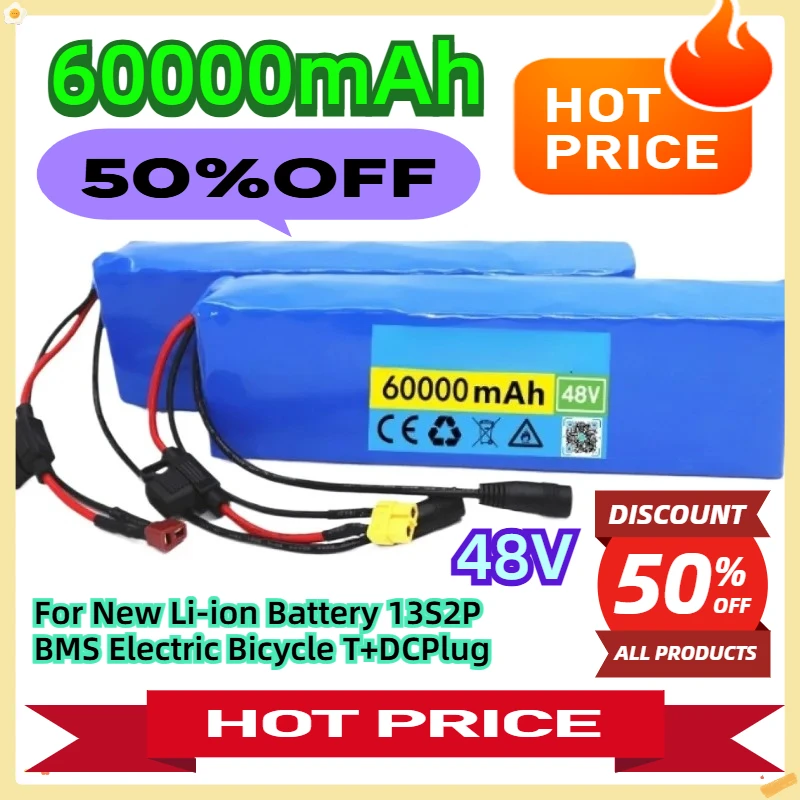 

48V 60Ah For New Li-ion Battery 13S2P BMS Electric Bicycle T+DCPlug
