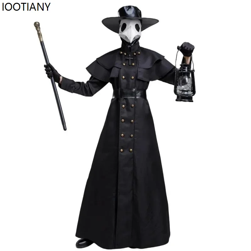 Unisex Crow Doctor Cosplay Dress Medieval Steampunk Gothic Black Horror Doctor Costumes Carnival Masquerade Dress Up Hooded Robe