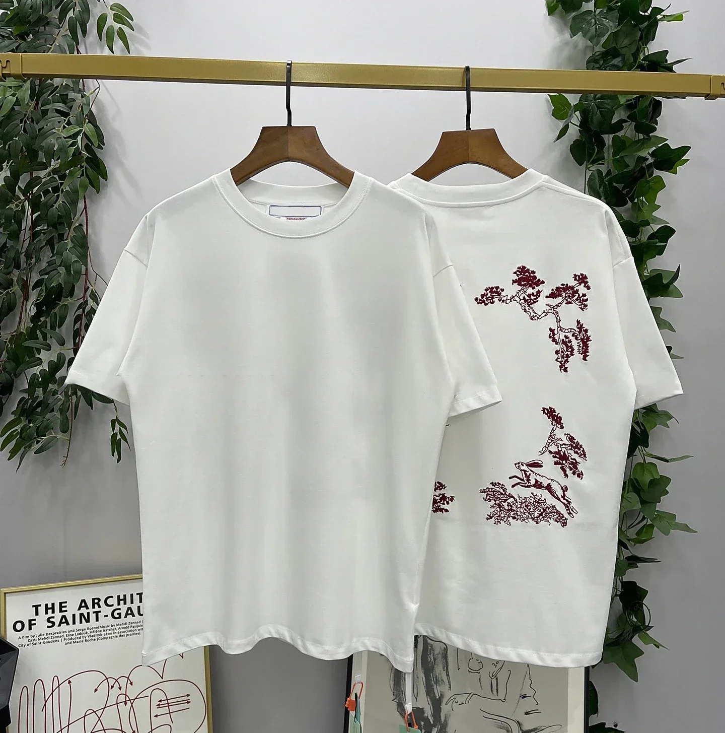 Hip Hop Casual Harajuku Street Dress Pullover Loose O-neck Men's and Women's Back Red Tree Print Short Sleeve T-shirt Top