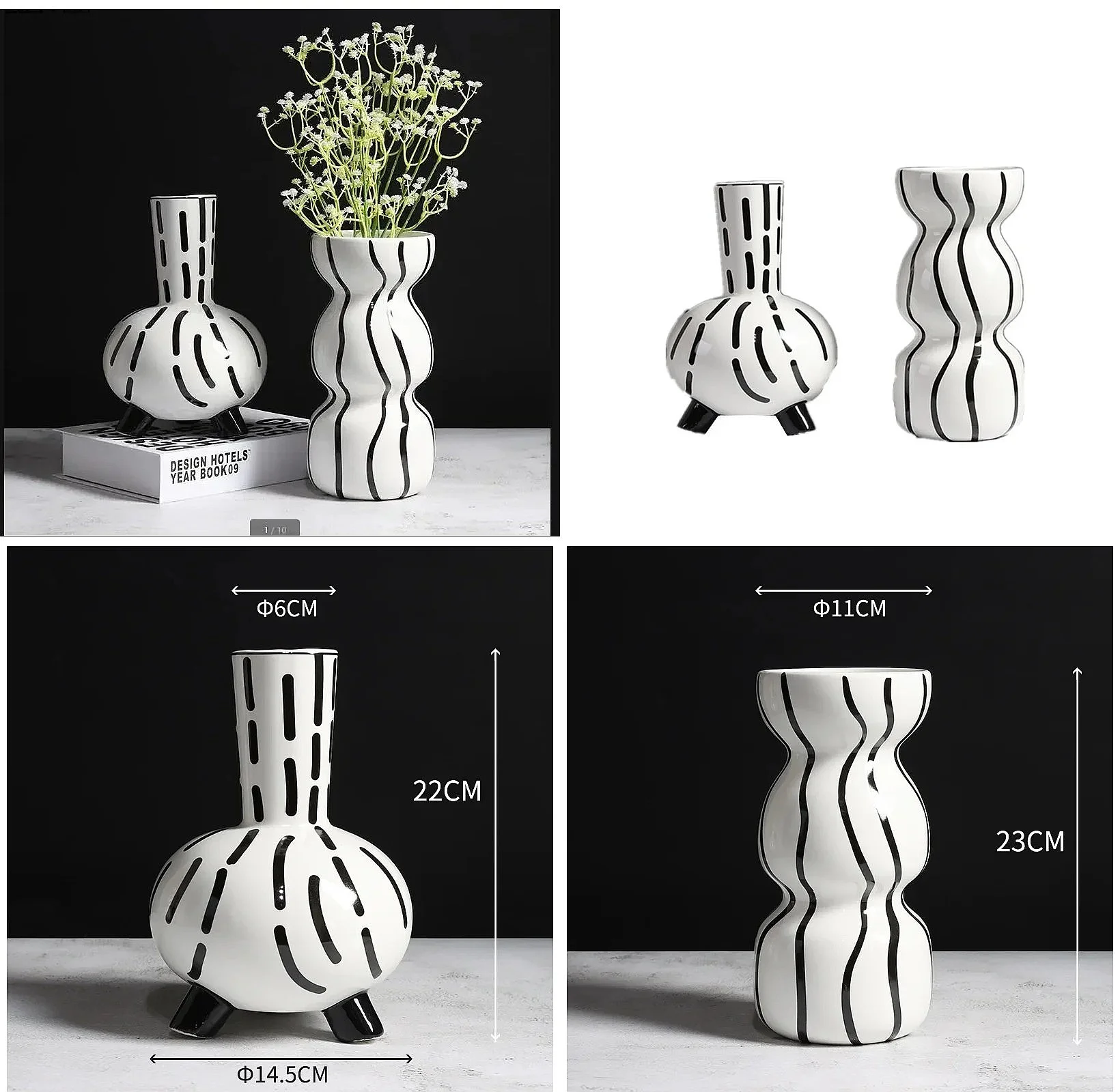 Black White Striped Ceramic Creative Flower Vase for Home Office Living Room Decor