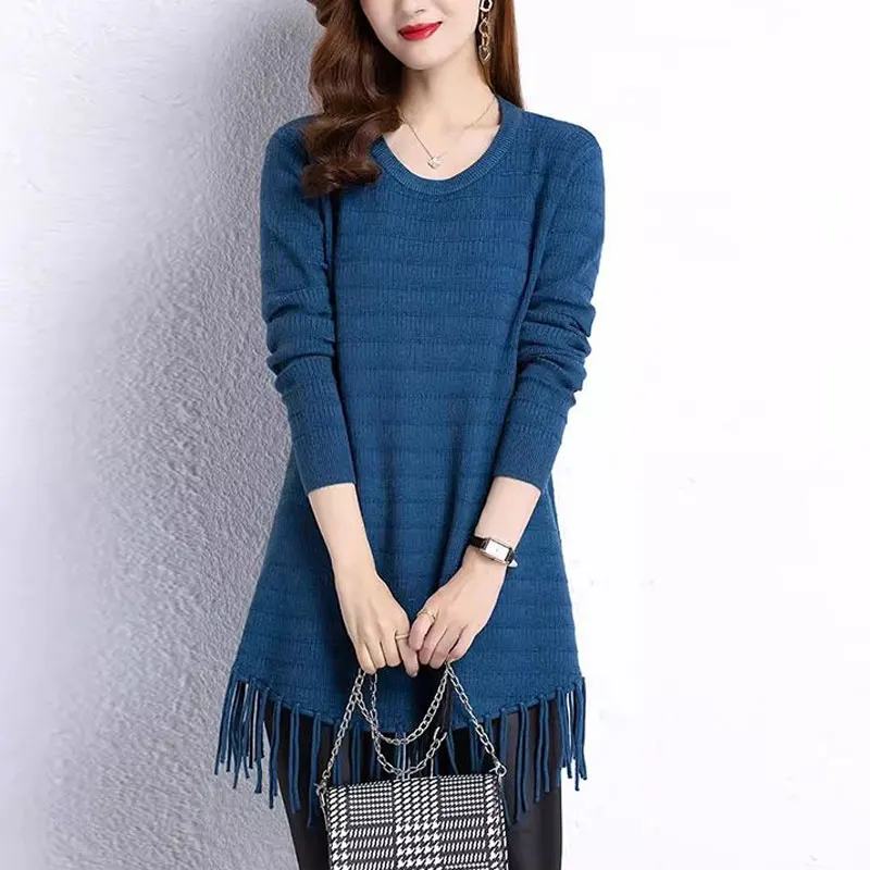 Basic Casual O-Neck Knitted Jumpers Autumn Winter Fashion Tassel Spliced Women\'s Clothing Loose Solid Color Long Sleeve Sweaters